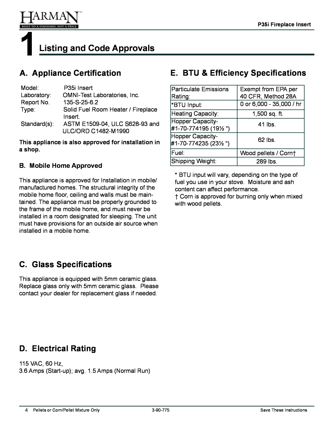 Harman Stove Company P35I 1Listing and Code Approvals, A. Appliance Certification, E. BTU & Efficiency Specifications 