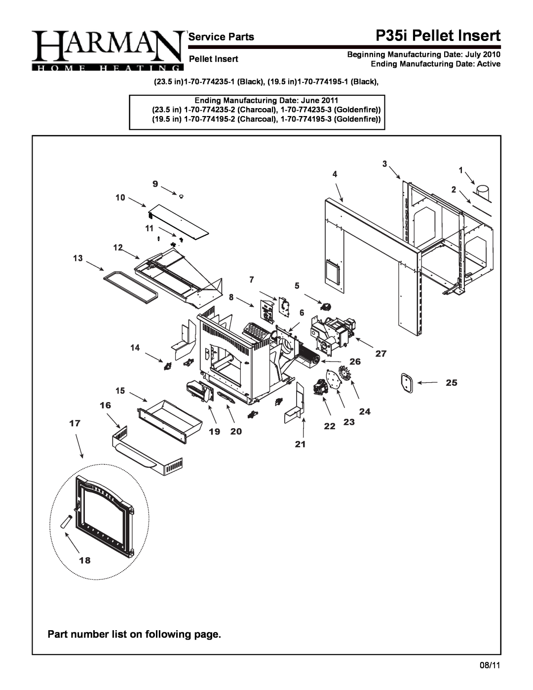Harman Stove Company P35I P35i Pellet Insert, 9 10 11 12 13, 4 5 6, 3 27, Beginning Manufacturing Date July, 23.5 in 