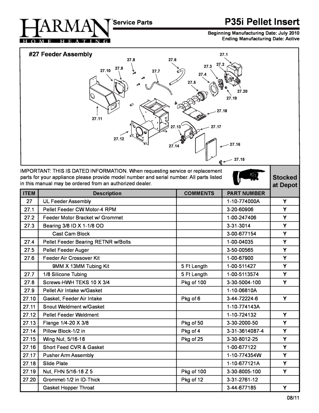 Harman Stove Company P35I owner manual P35i Pellet Insert, Description, Comments, Part Number 