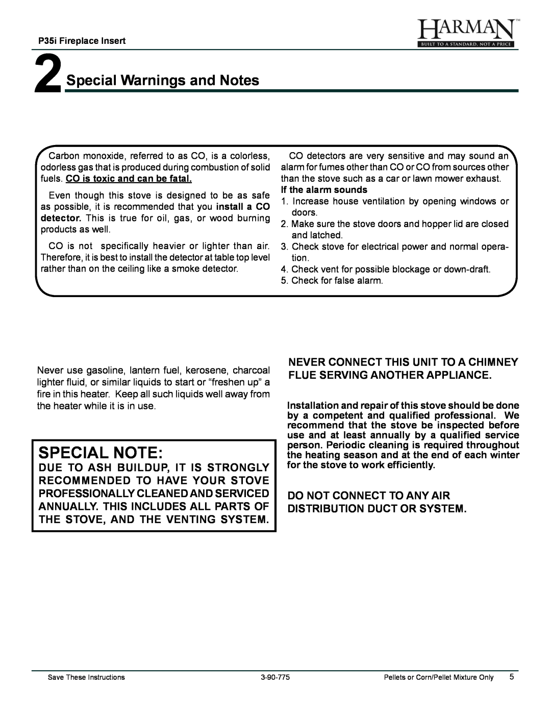 Harman Stove Company P35I owner manual Special Note, 2Special Warnings and Notes 