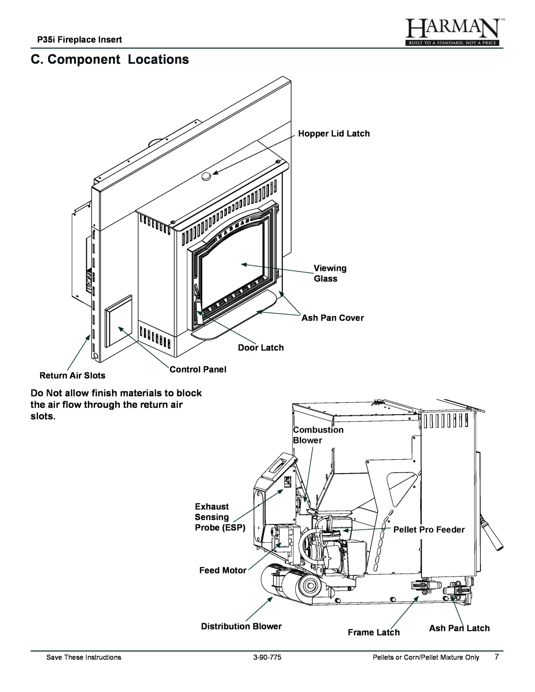 Harman Stove Company P35I C. Component Locations, P35i Fireplace Insert, Hopper Lid Latch, Glass, Ash Pan Cover Door Latch 