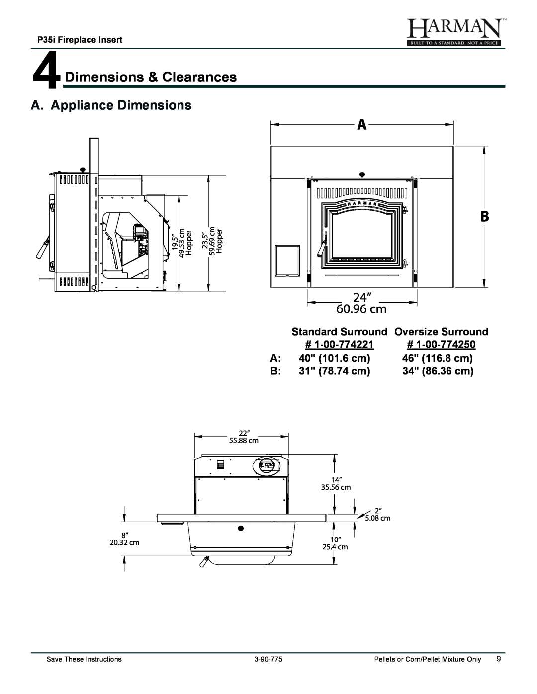 Harman Stove Company P35I owner manual 4Dimensions & Clearances, A. Appliance Dimensions, 60.96 cm, P35i Fireplace Insert 