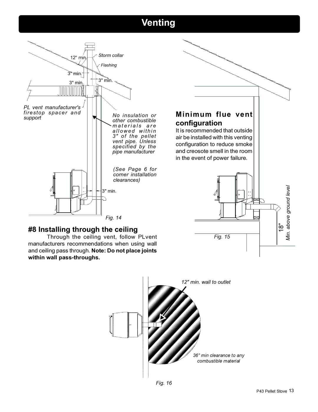 Harman Stove Company P43 owner manual Minimum flue vent configuration, #8 Installing through the ceiling 