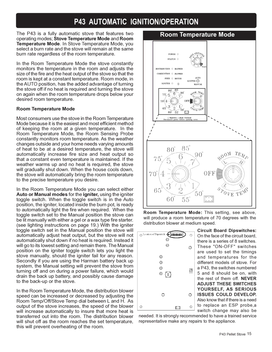 Harman Stove Company owner manual P43 Automatic IGNITION/OPERATION, Room Temperature Mode 