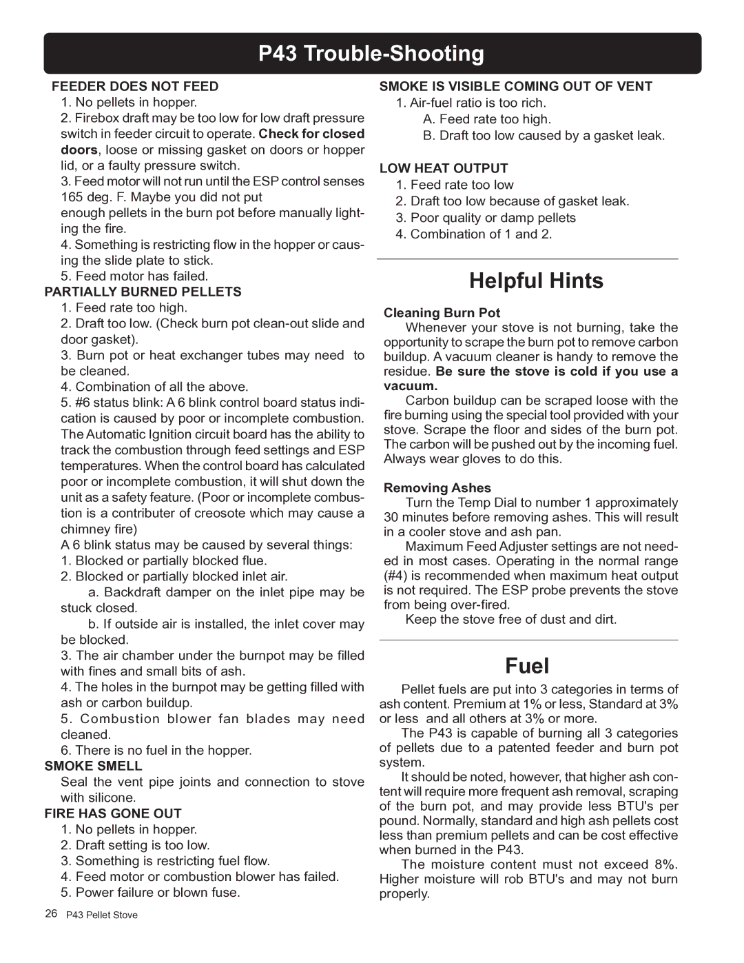 Harman Stove Company owner manual P43 Trouble-Shooting, Cleaning Burn Pot 