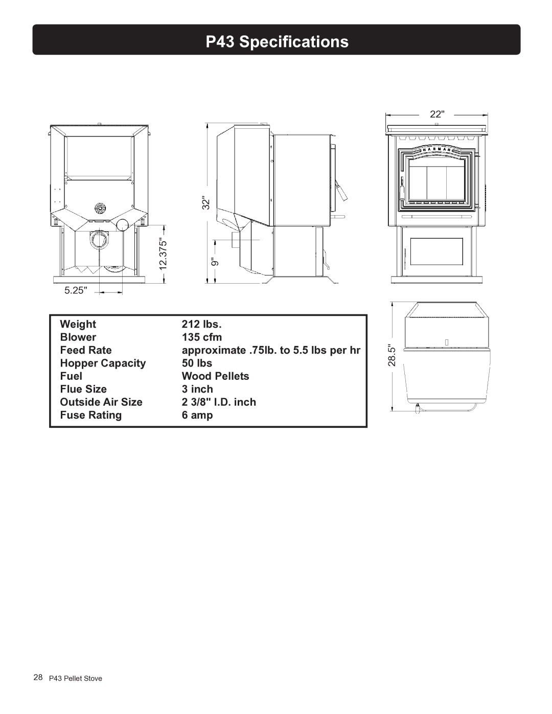 Harman Stove Company owner manual P43 Specifications, 12.375, 28.5 