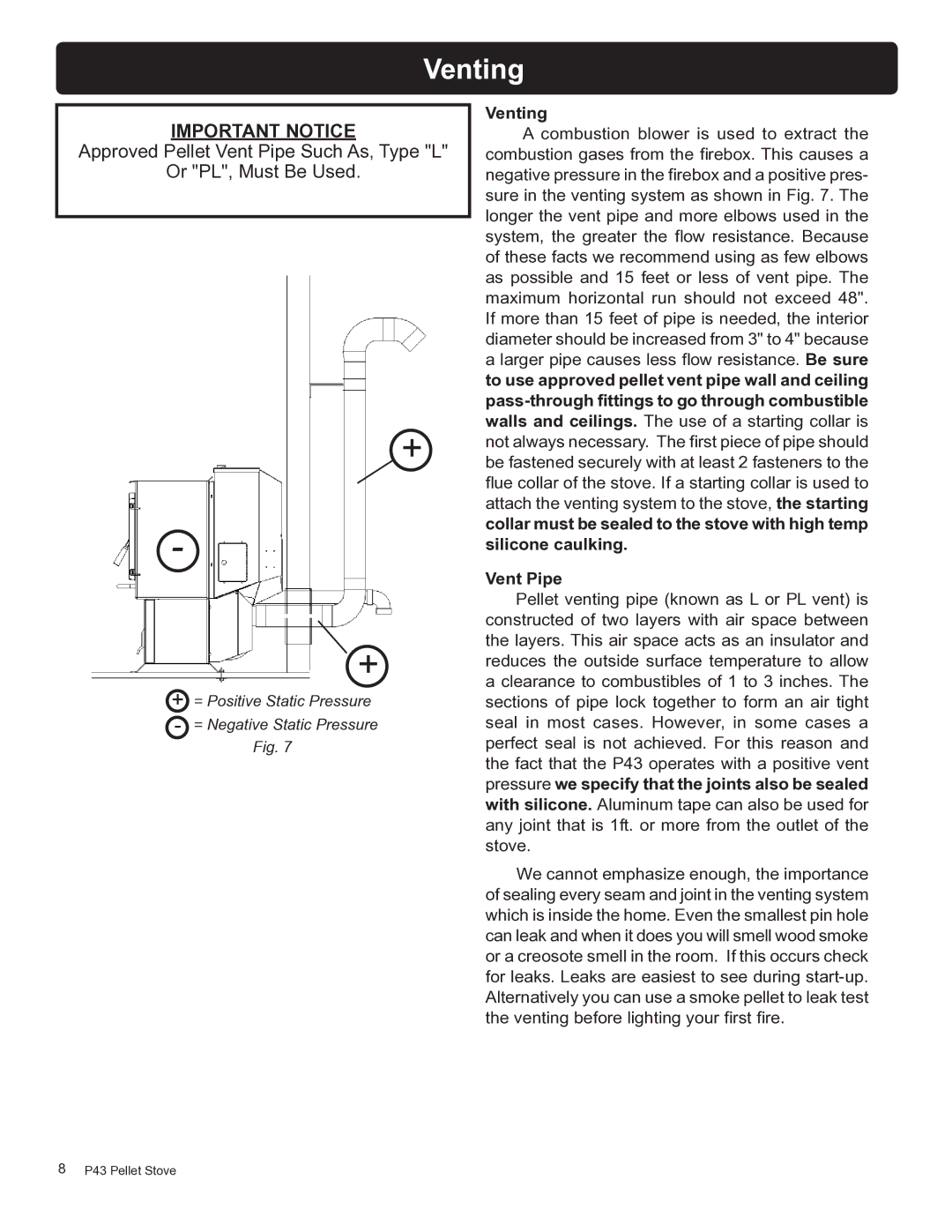 Harman Stove Company P43 owner manual Venting, Vent Pipe 