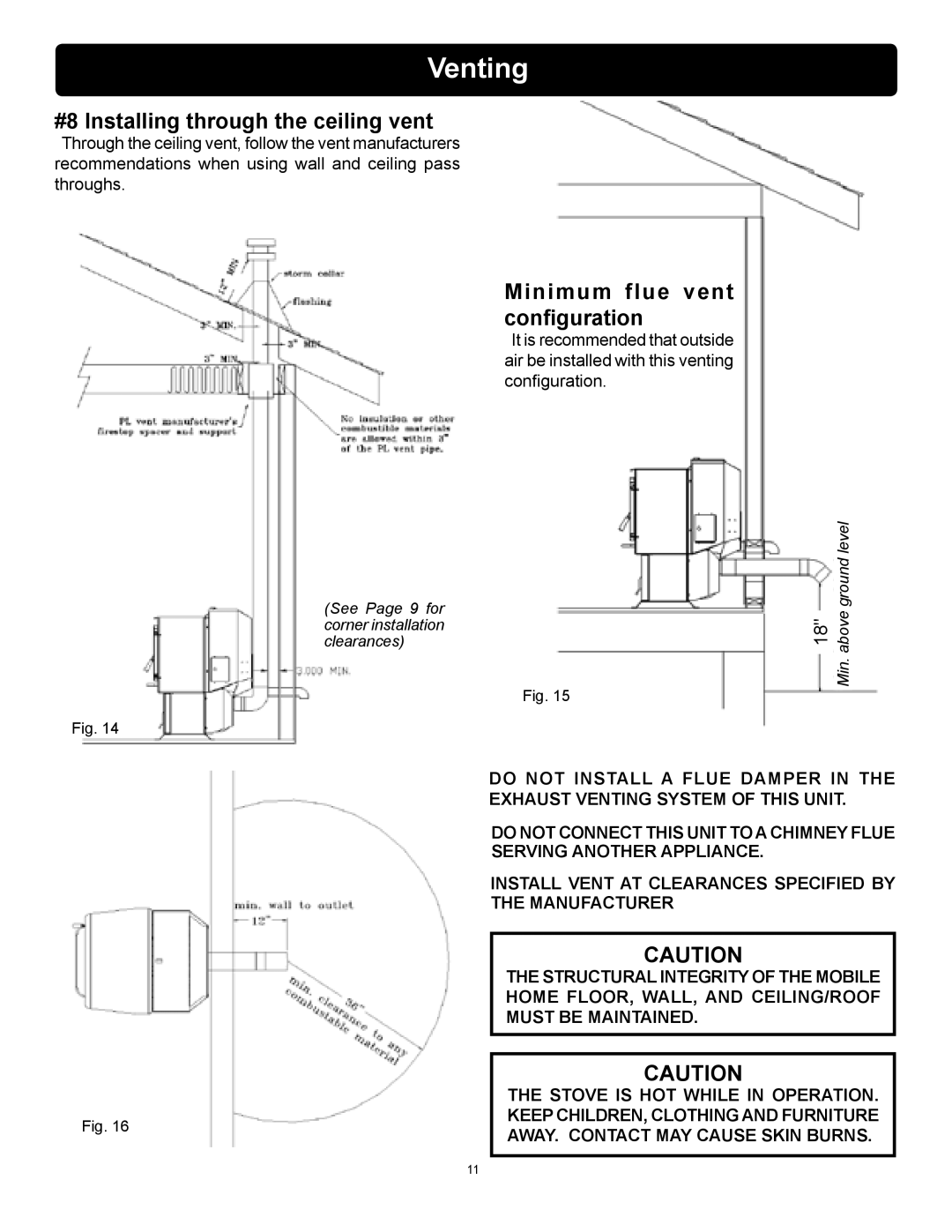 Harman Stove Company P61 owner manual #8 Installing through the ceiling vent, Minimum flue vent configuration 