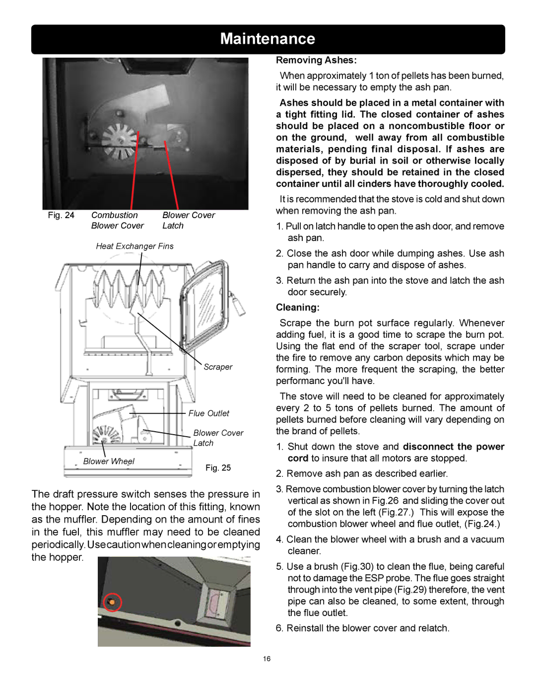 Harman Stove Company P61 owner manual Maintenance, Removing Ashes, Cleaning 