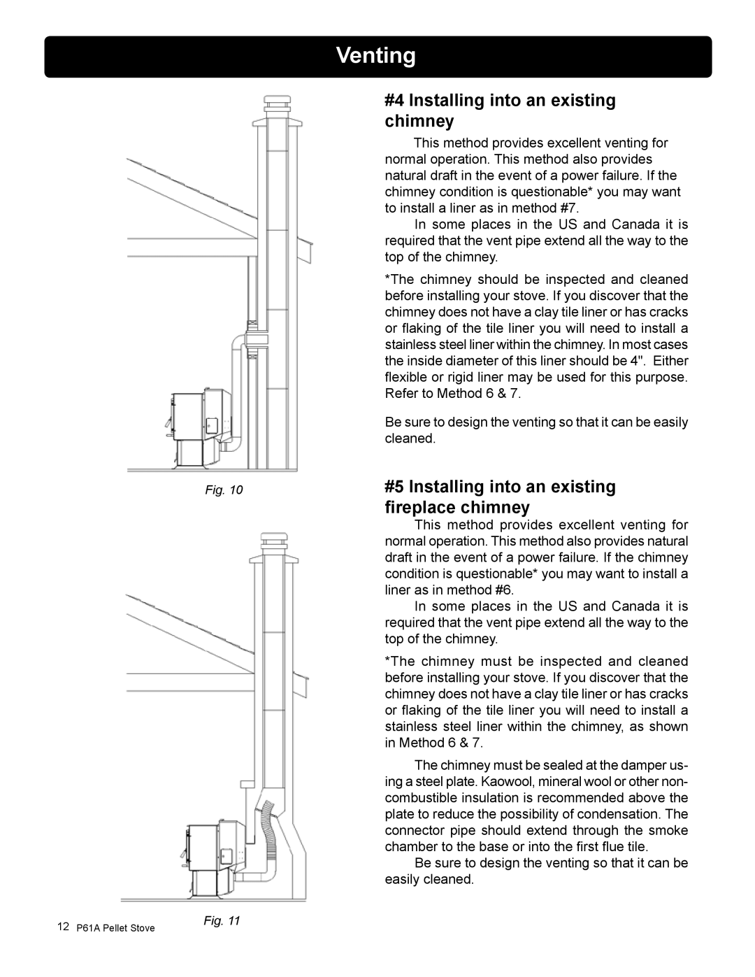 Harman Stove Company P61A manual #4 Installing into an existing chimney, #5 Installing into an existing, Fireplace chimney 