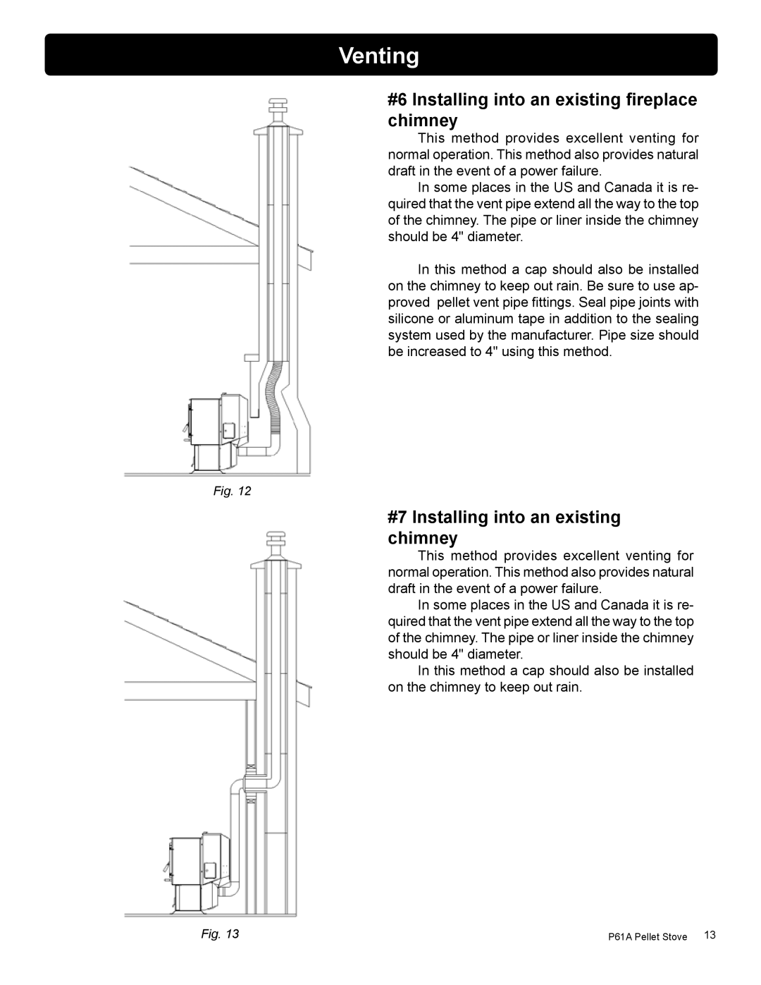 Harman Stove Company P61A manual #6 Installing into an existing fireplace chimney, #7 Installing into an existing chimney 