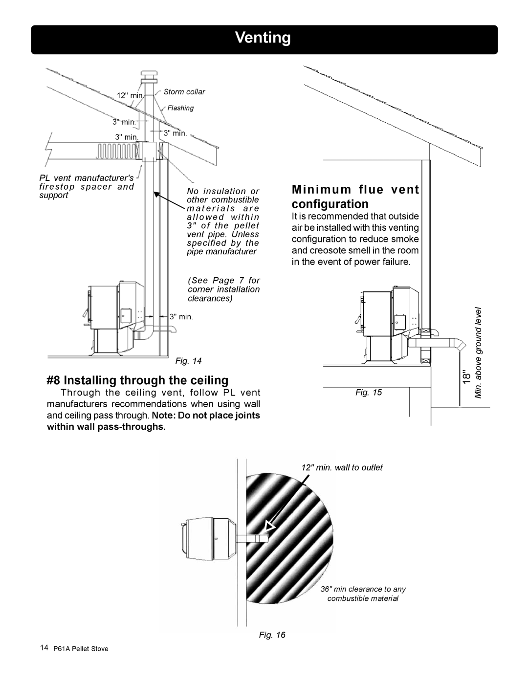 Harman Stove Company P61A manual Minimum flue vent configuration, #8 Installing through the ceiling 