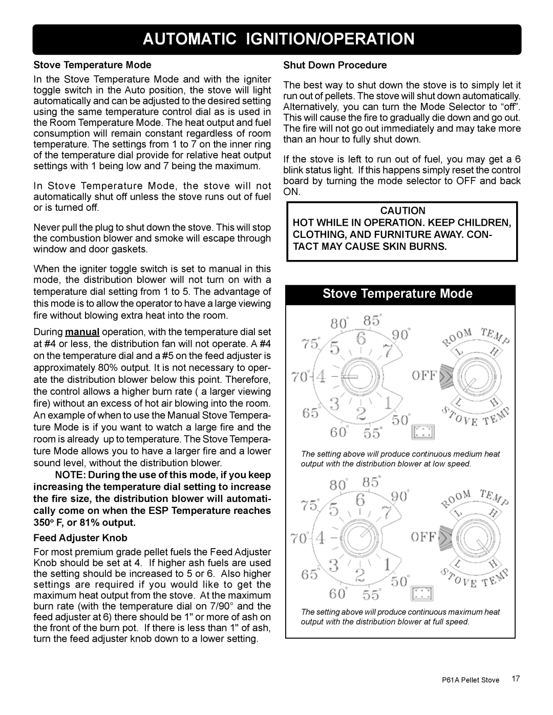 Harman Stove Company P61A manual Stove Temperature Mode, Feed Adjuster Knob, Shut Down Procedure 