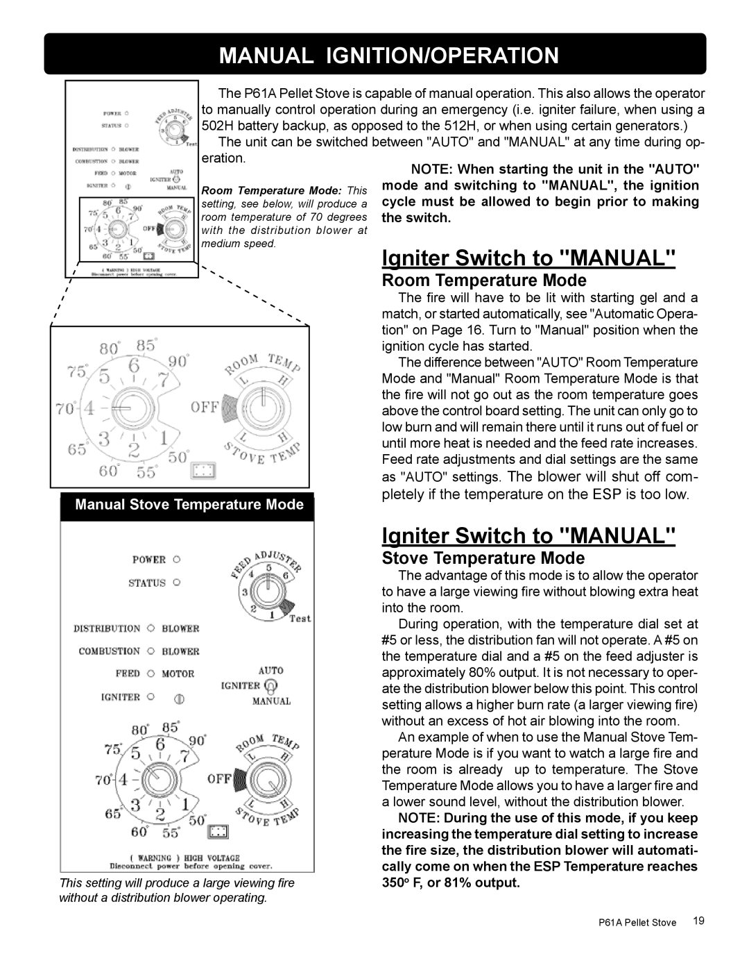 Harman Stove Company P61A manual Manual IGNITION/Operation 