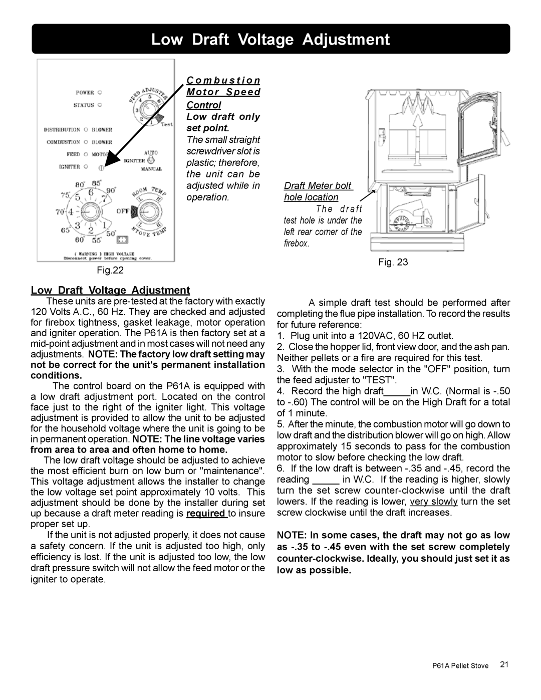 Harman Stove Company P61A manual Low Draft Voltage Adjustment 