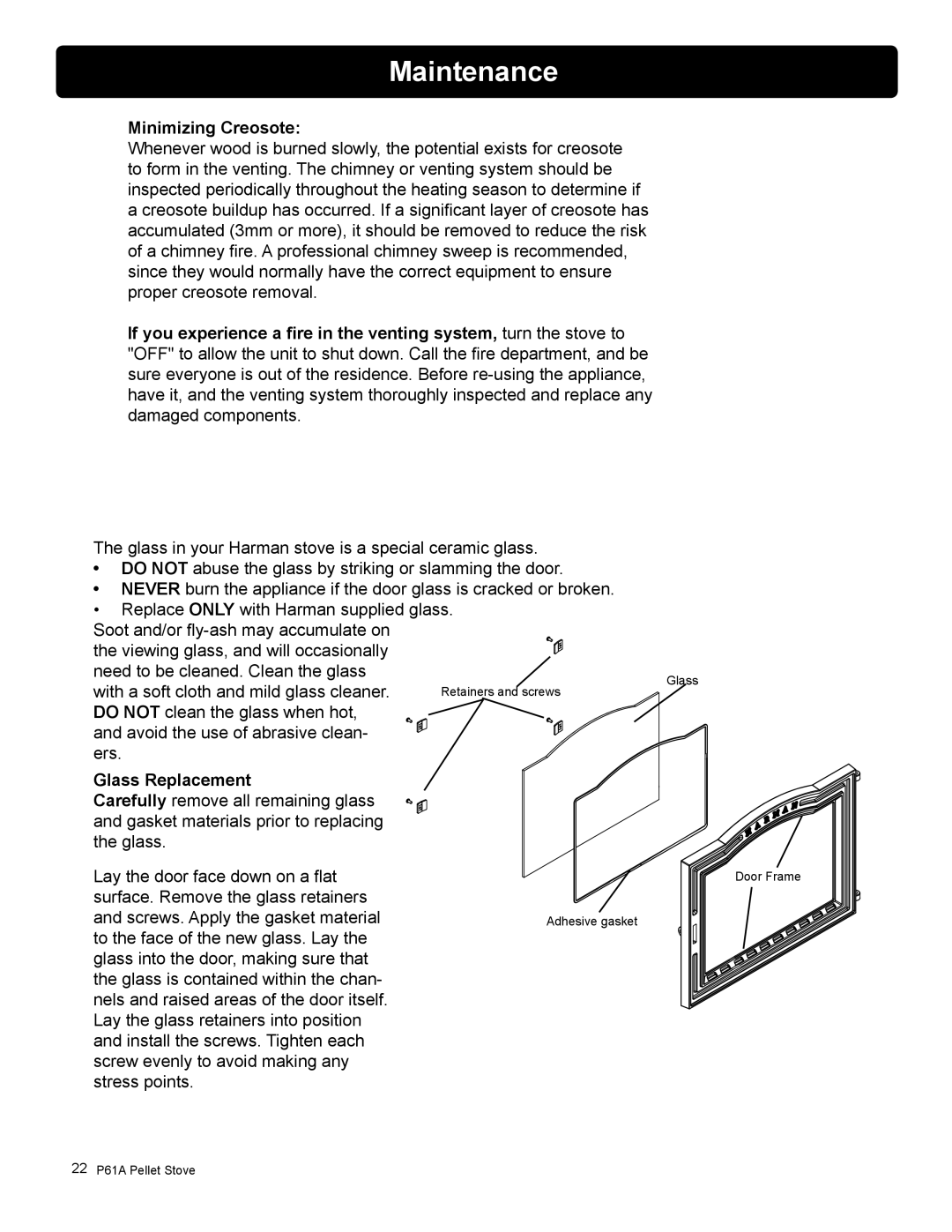 Harman Stove Company P61A manual Maintenance, Minimizing Creosote, Glass Replacement 