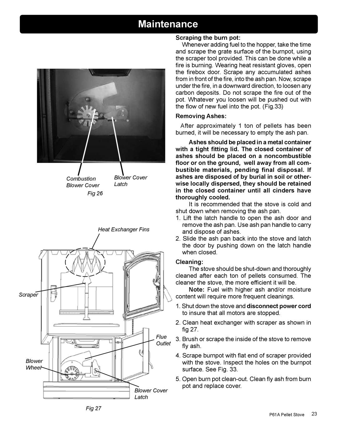 Harman Stove Company P61A manual Scraping the burn pot, Removing Ashes, Cleaning 