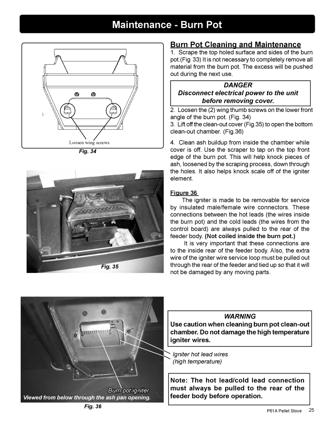 Harman Stove Company P61A manual Maintenance Burn Pot, Burn Pot Cleaning and Maintenance 