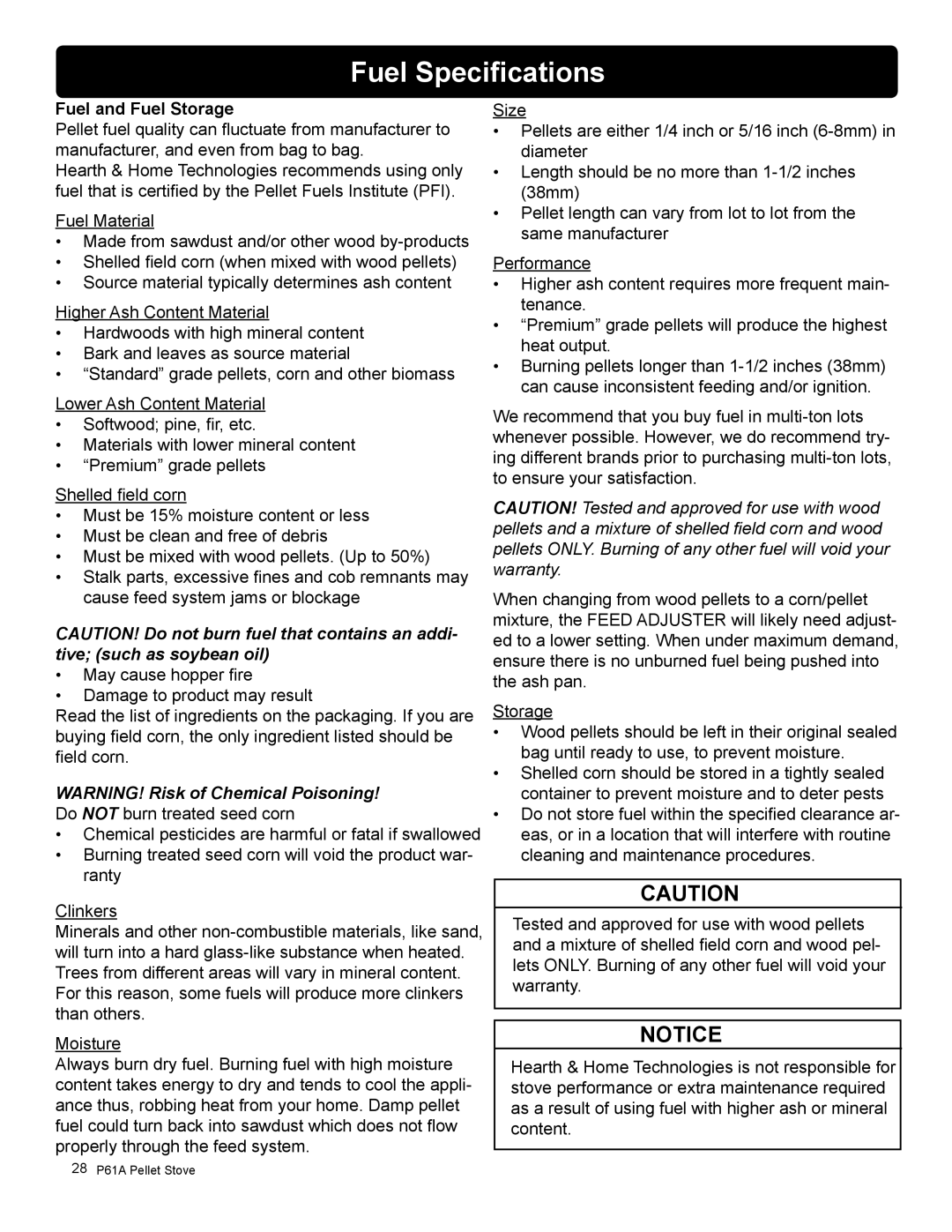 Harman Stove Company P61A manual Fuel Specifications, Fuel and Fuel Storage 