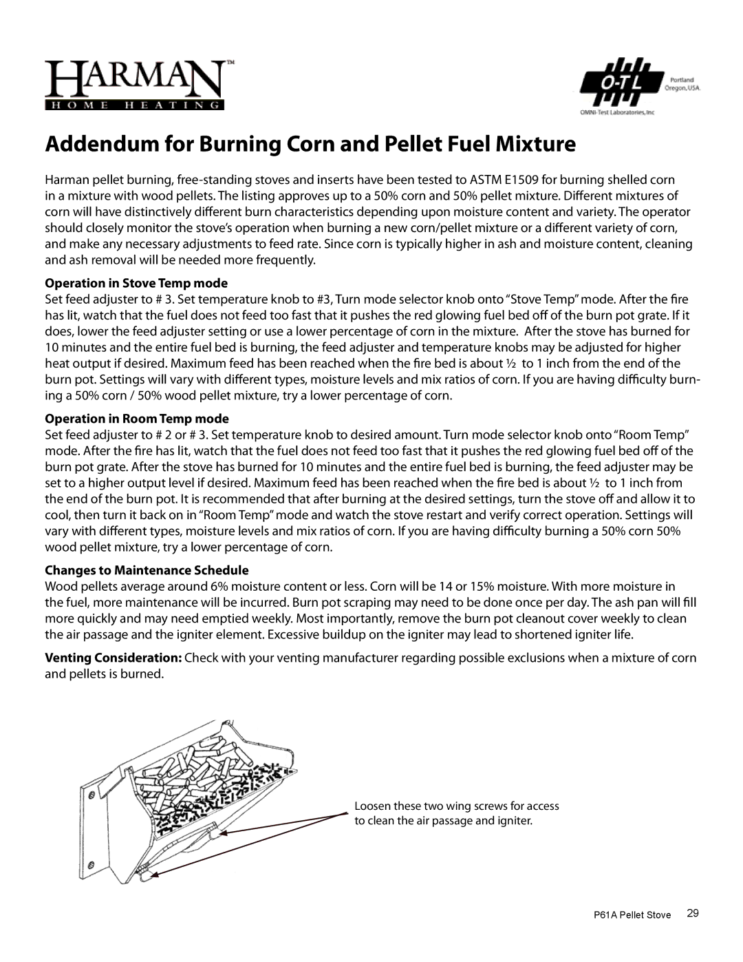 Harman Stove Company P61A manual Operation in Stove Temp mode, Operation in Room Temp mode, Changes to Maintenance Schedule 