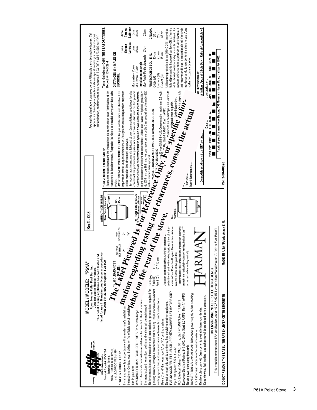 Harman Stove Company P61A manual Label 