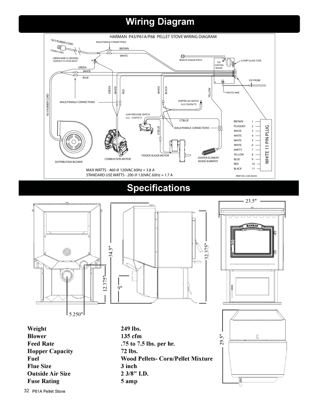 Harman Stove Company P61A manual Wiring Diagram, Specifications 