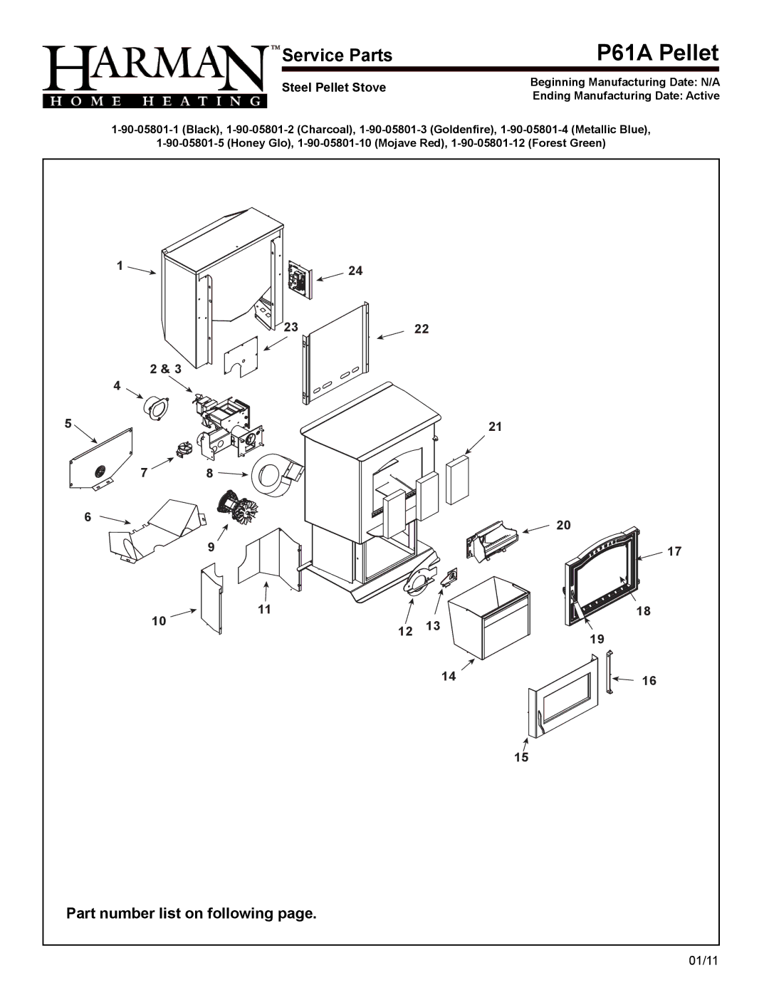 Harman Stove Company P61A manual Service Parts, Part number list on following 