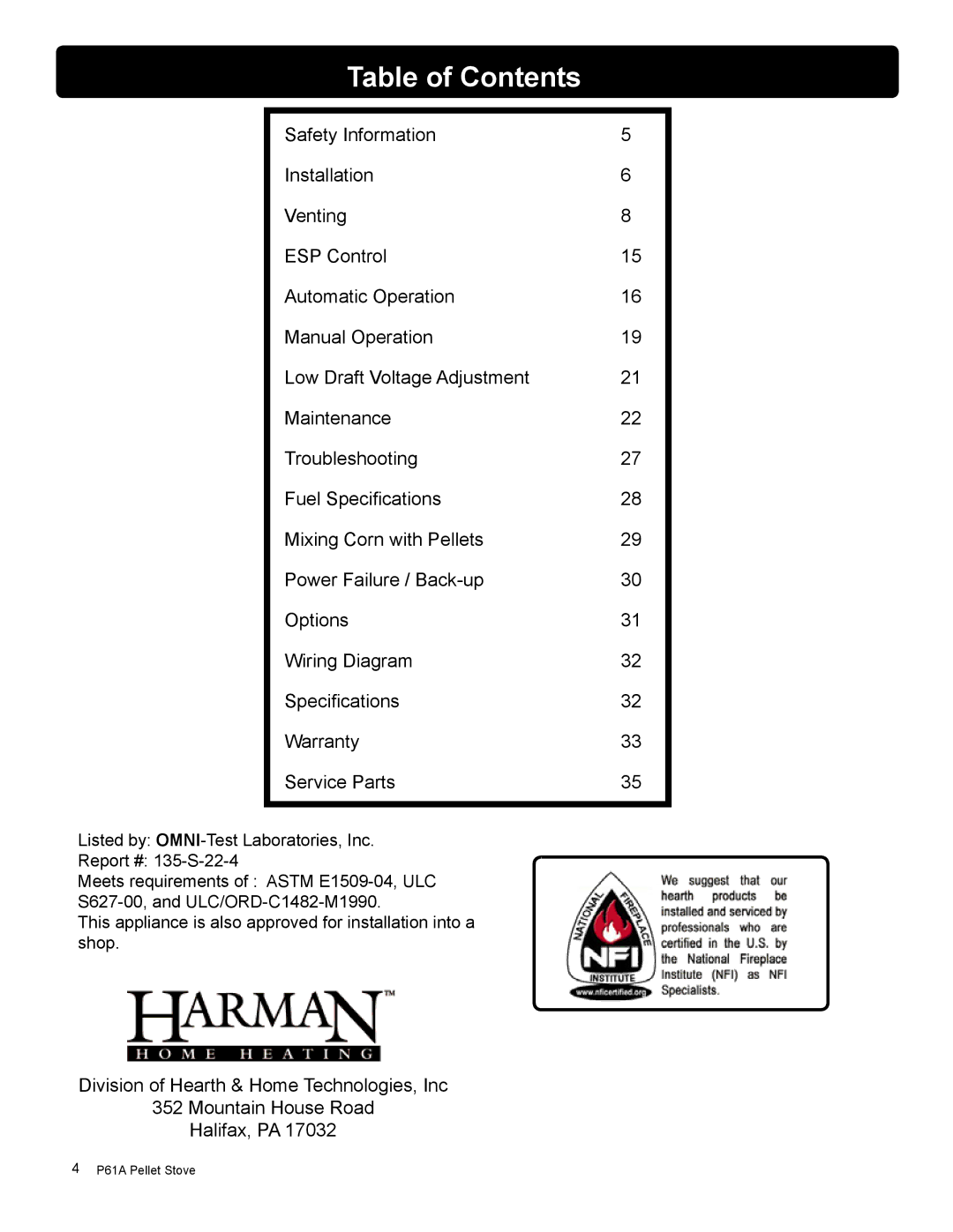 Harman Stove Company P61A manual Table of Contents 