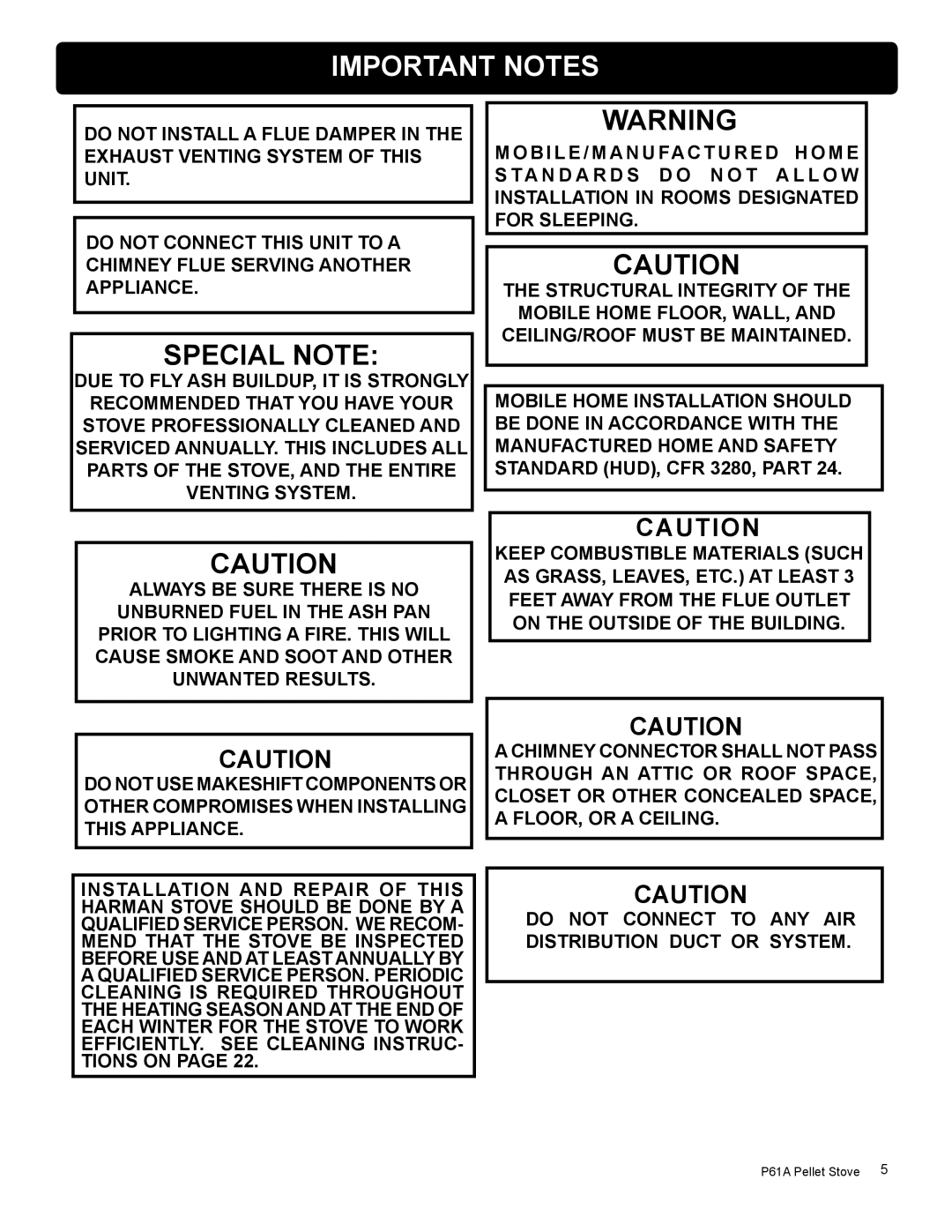 Harman Stove Company P61A manual Important Notes 