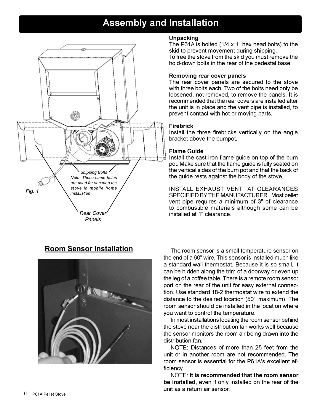 Harman Stove Company P61A manual Assembly and Installation, Room Sensor Installation 