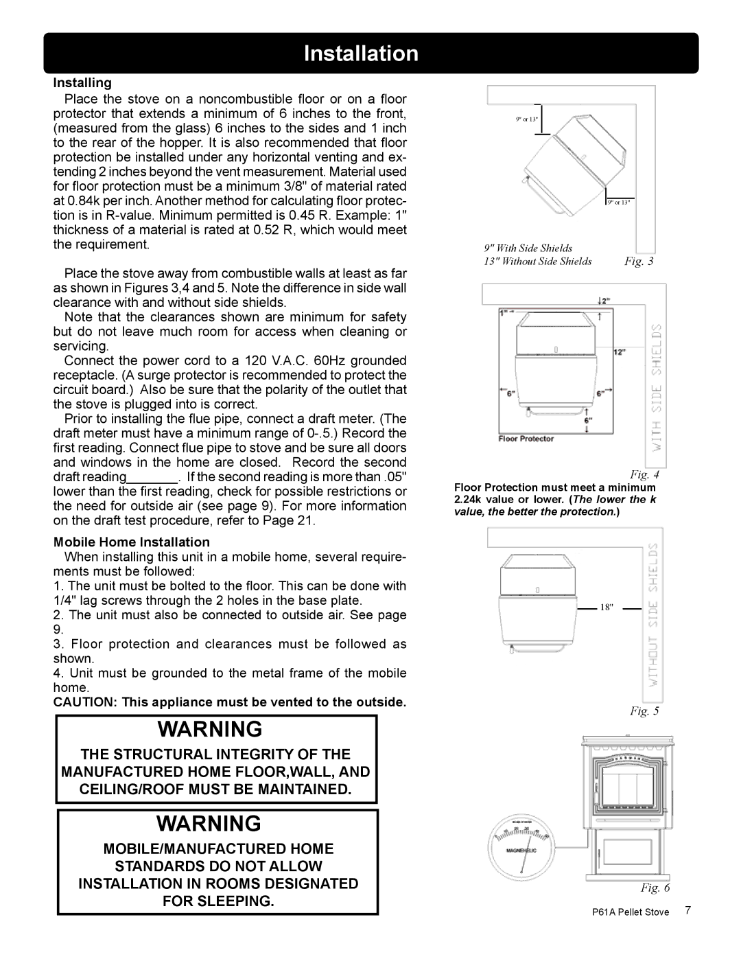 Harman Stove Company P61A manual Installing, Mobile Home Installation 