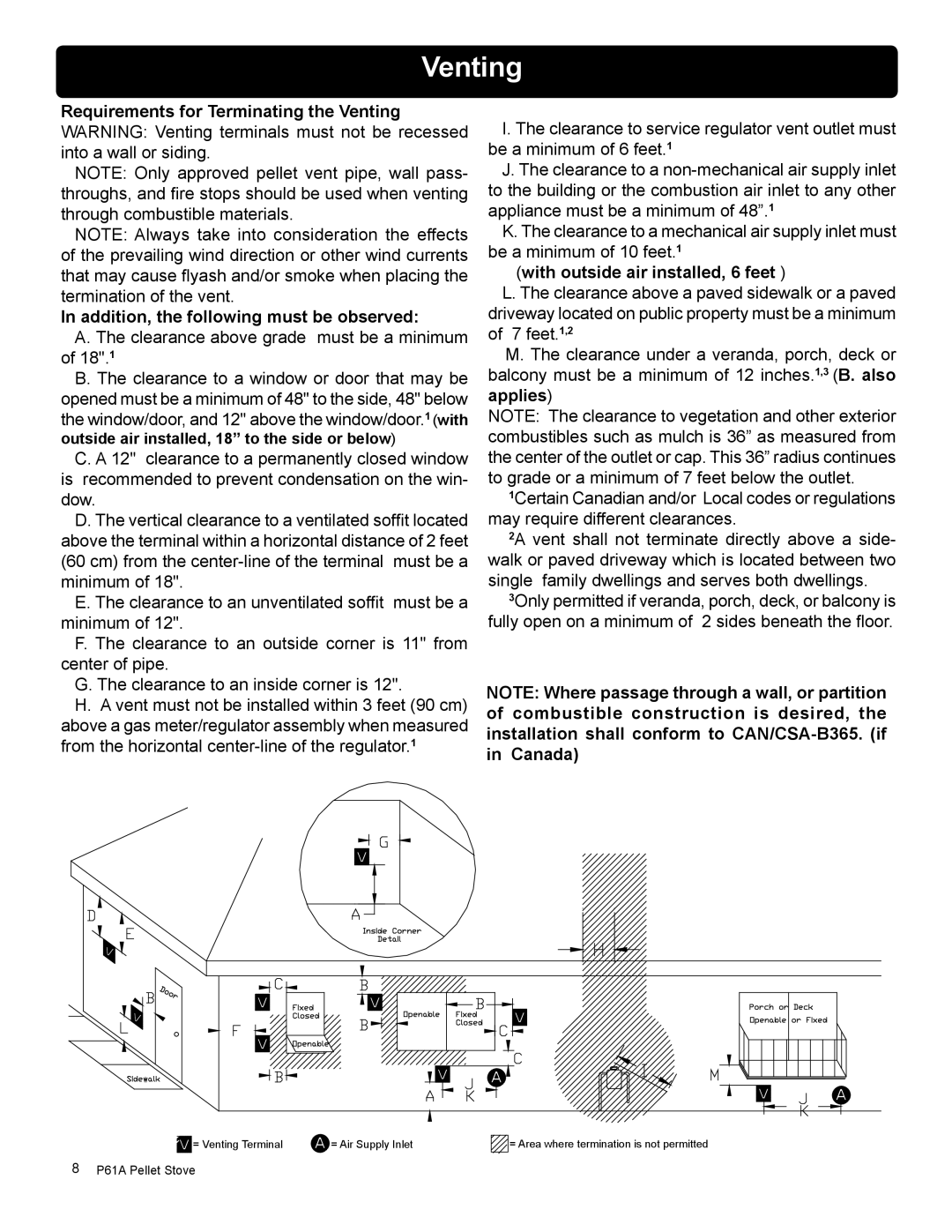 Harman Stove Company P61A manual Venting, Addition, the following must be observed, With outside air installed, 6 feet 