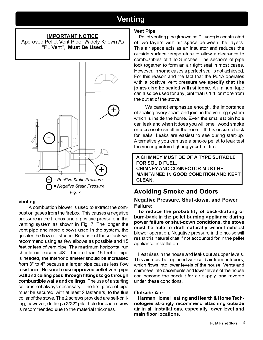 Harman Stove Company P61A PL Vent, Must Be Used, Negative Pressure, Shut-down, and Power Failure, Outside Air, Venting 