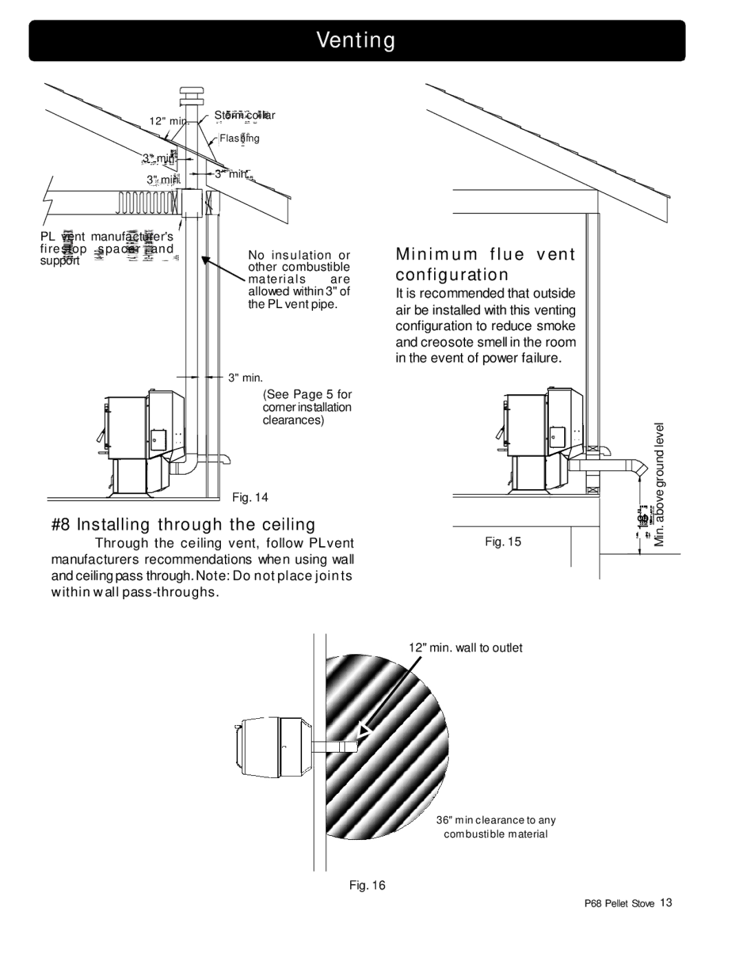 Harman Stove Company P68 owner manual Minimum flue vent configuration, #8 Installing through the ceiling 