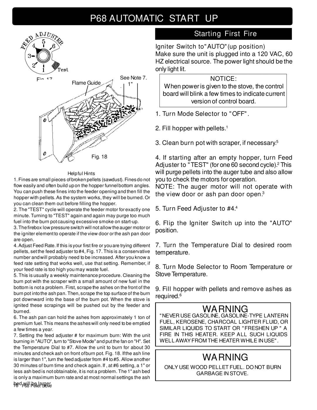 Harman Stove Company owner manual P68 Automatic Start UP, Igniter Switch toAUTOup position, Turn Mode Selector to OFF 