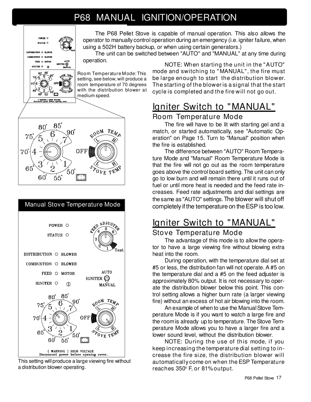 Harman Stove Company owner manual P68 Manual IGNITION/OPERATION, Room Temperature Mode, Stove Temperature Mode 