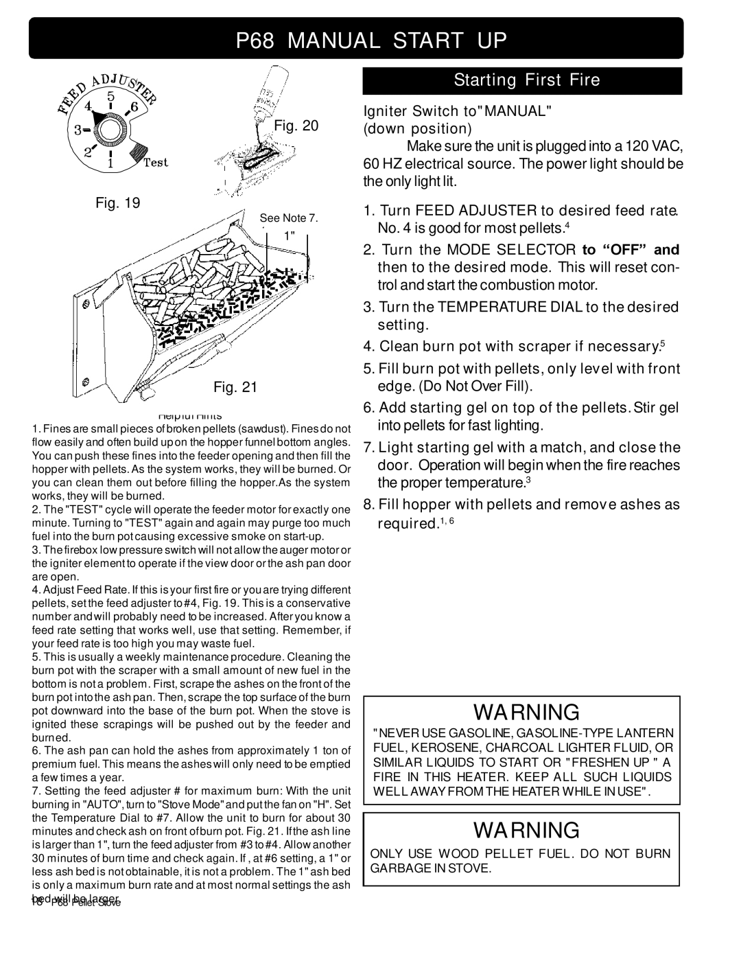 Harman Stove Company owner manual P68 Manual Start UP, Igniter Switch toMANUAL down position 