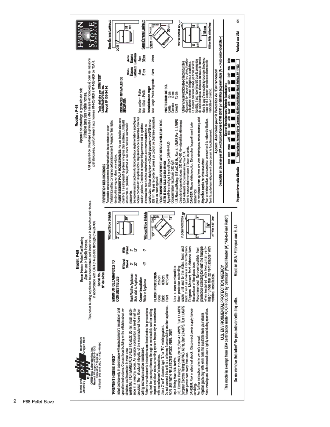 Harman Stove Company owner manual P68 Pellet Stove 