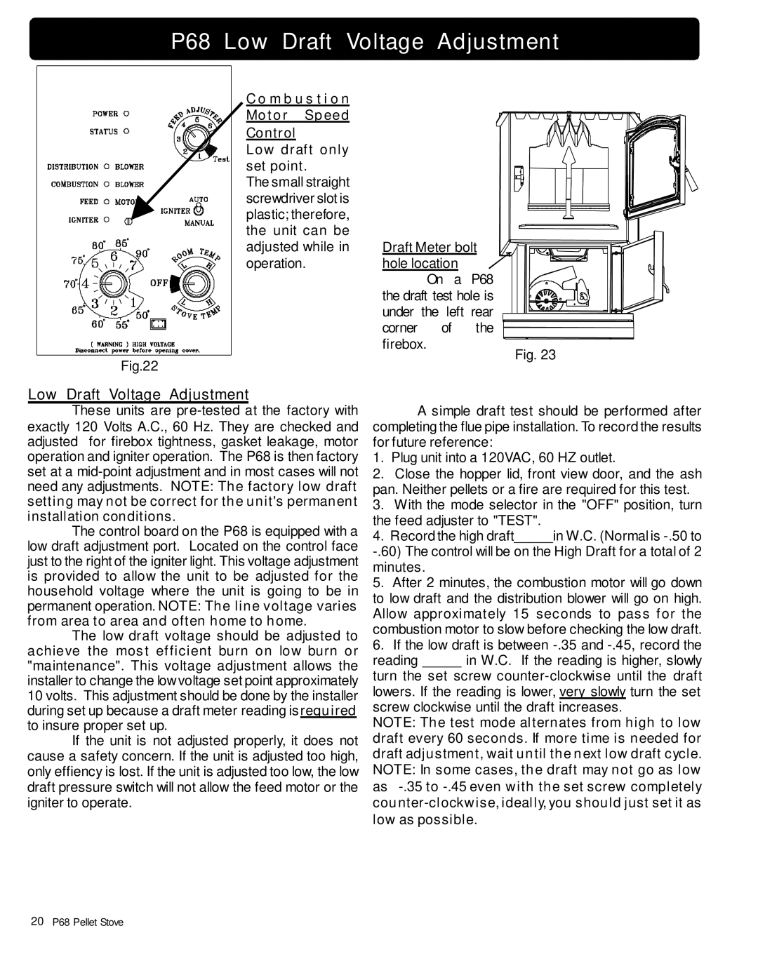 Harman Stove Company owner manual P68 Low Draft Voltage Adjustment 