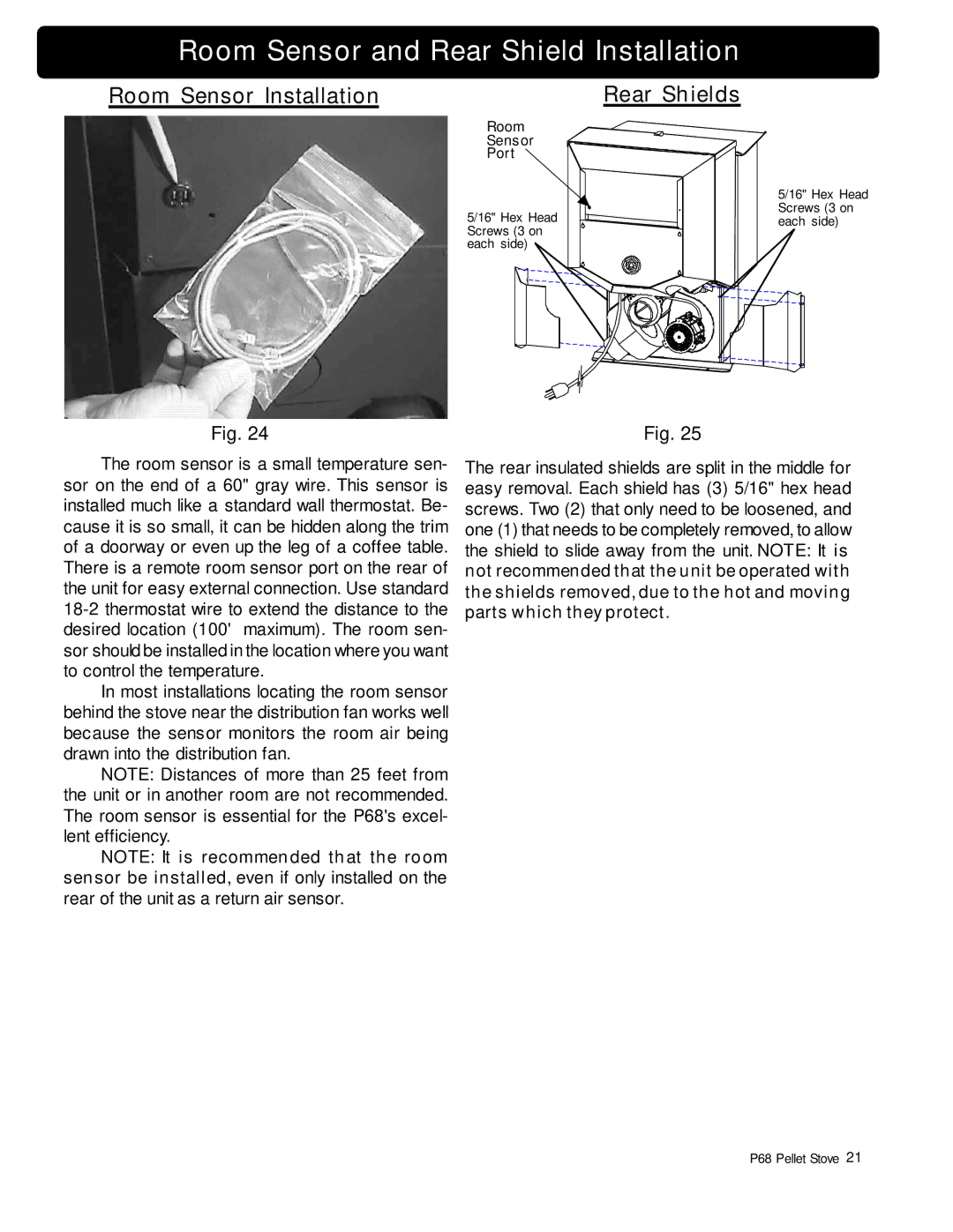 Harman Stove Company P68 owner manual Room Sensor and Rear Shield Installation, Room Sensor Installation, Rear Shields 