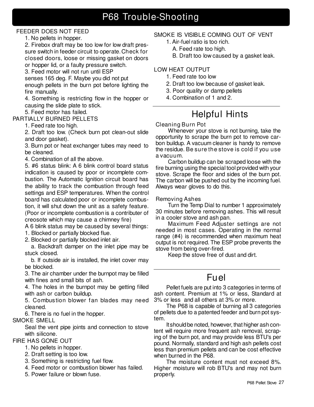 Harman Stove Company owner manual P68 Trouble-Shooting, Cleaning Burn Pot 