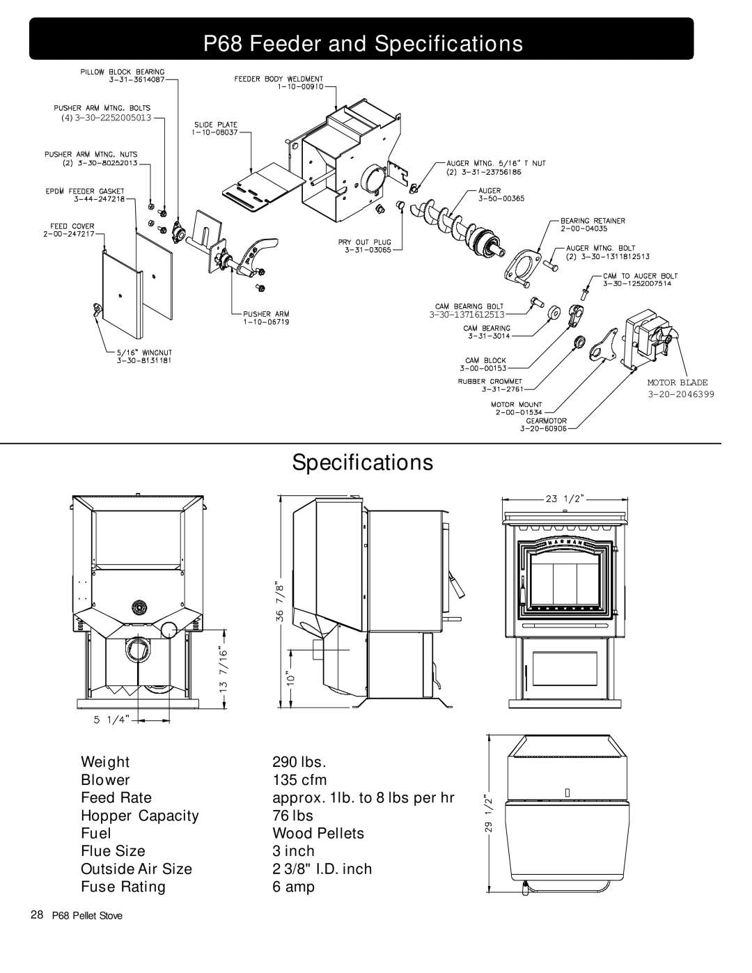 Harman Stove Company owner manual P68 Feeder and Specifications 