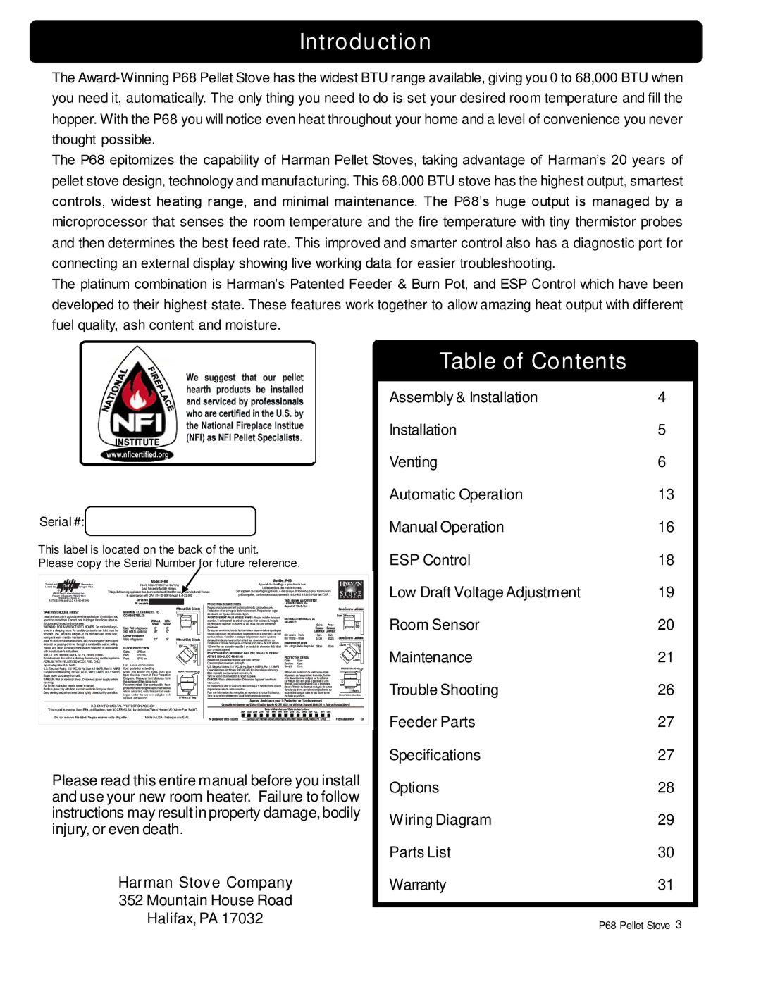 Harman Stove Company P68 owner manual Introduction, Table of Contents 