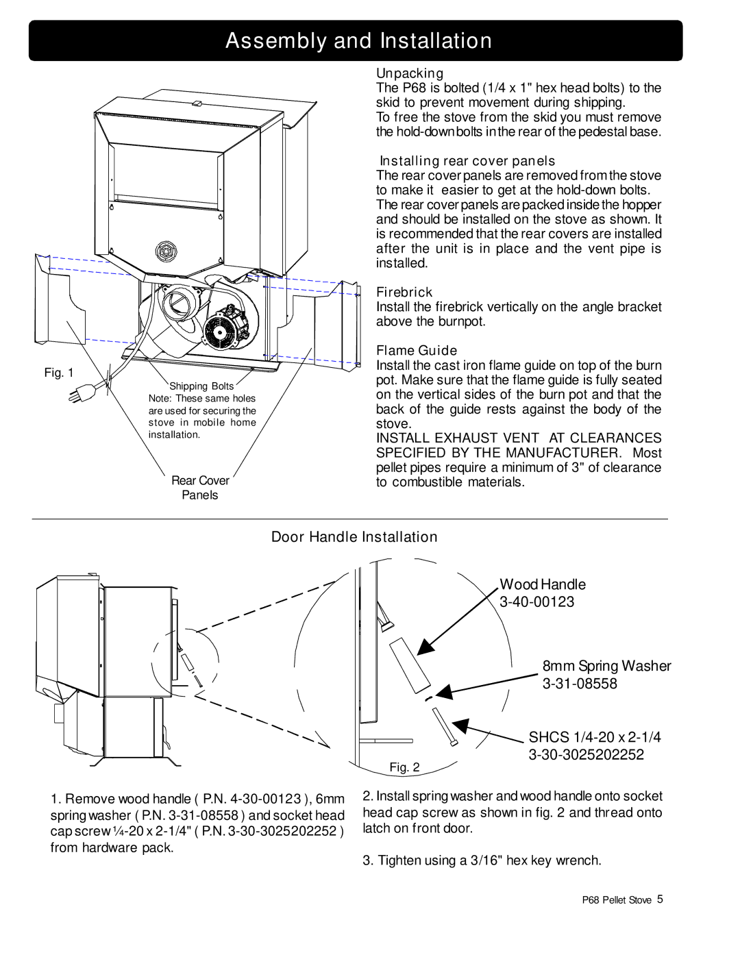 Harman Stove Company P68 owner manual Assembly and Installation, Door Handle Installation 