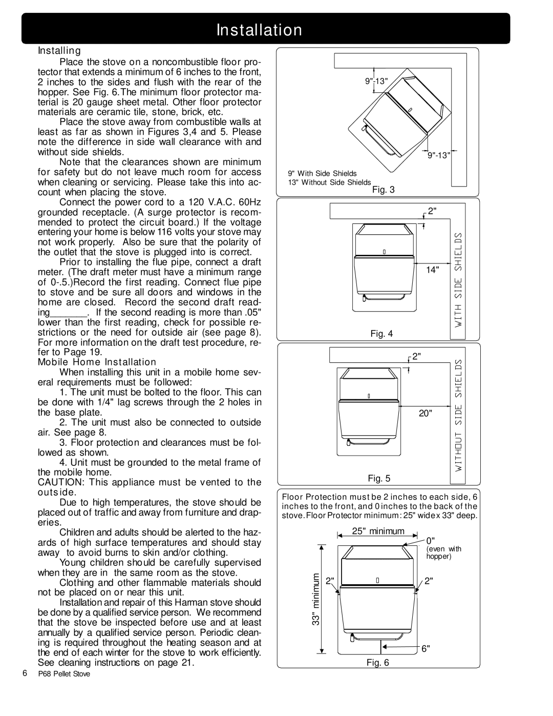 Harman Stove Company P68 owner manual Installation, Installing 