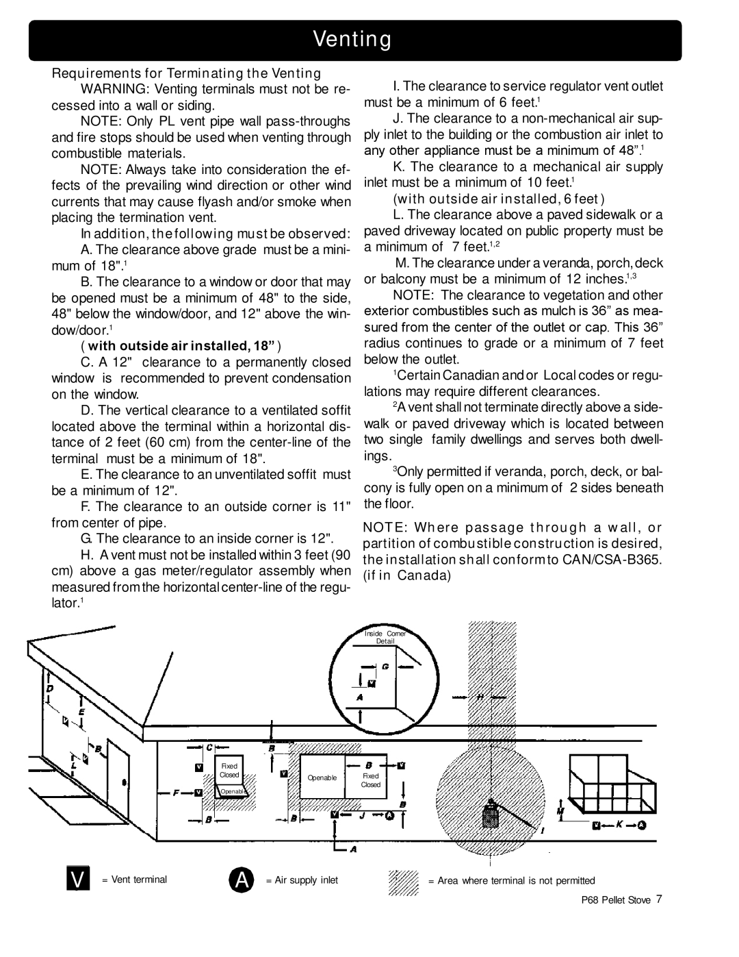 Harman Stove Company P68 owner manual Venting, Addition, the following must be observed, With outside air installed 