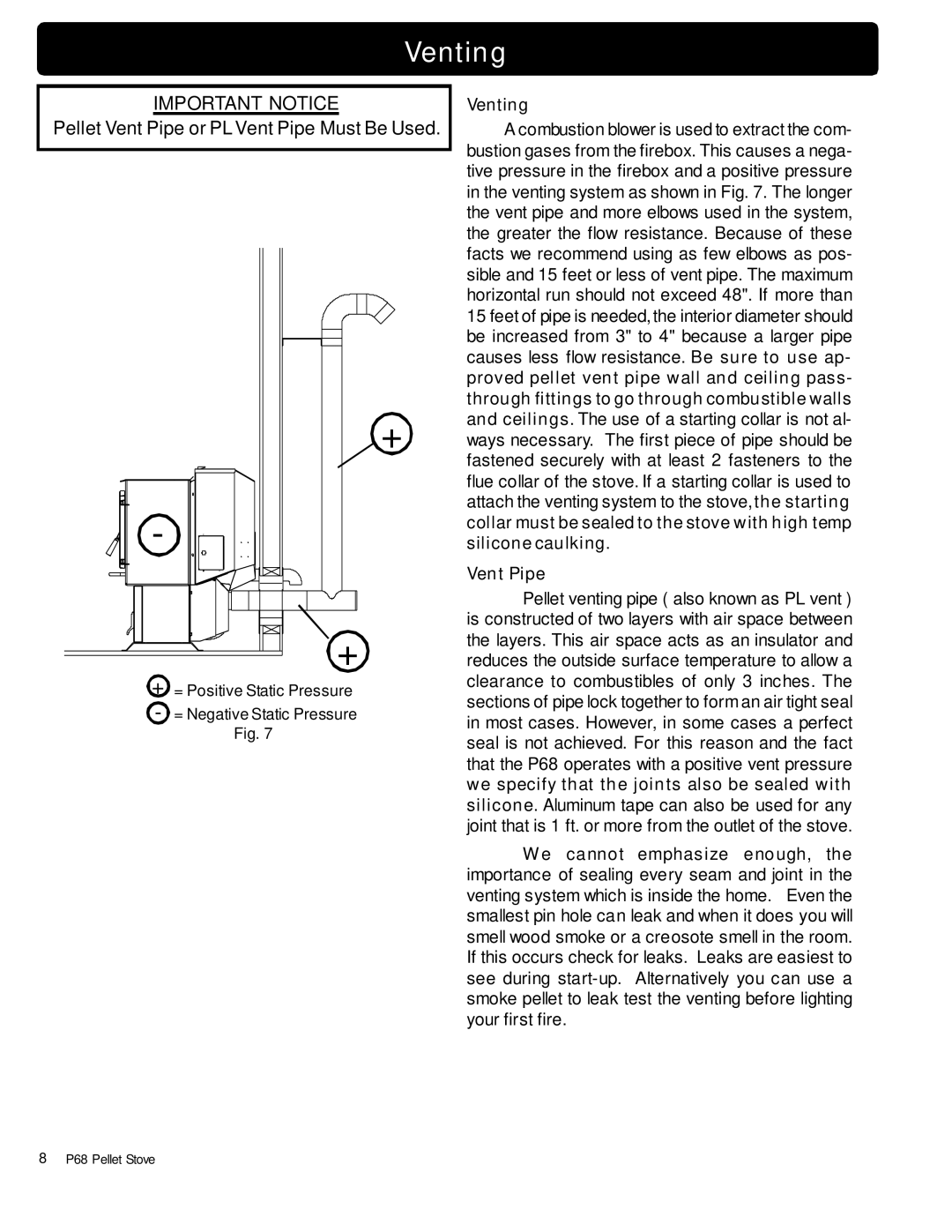 Harman Stove Company P68 owner manual Venting, Vent Pipe 