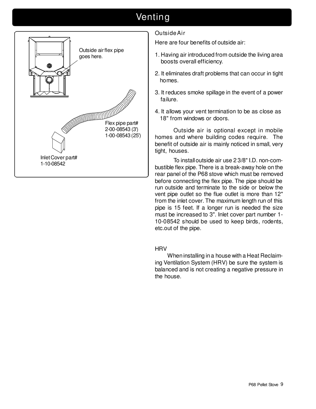 Harman Stove Company P68 owner manual Outside Air, Hrv 