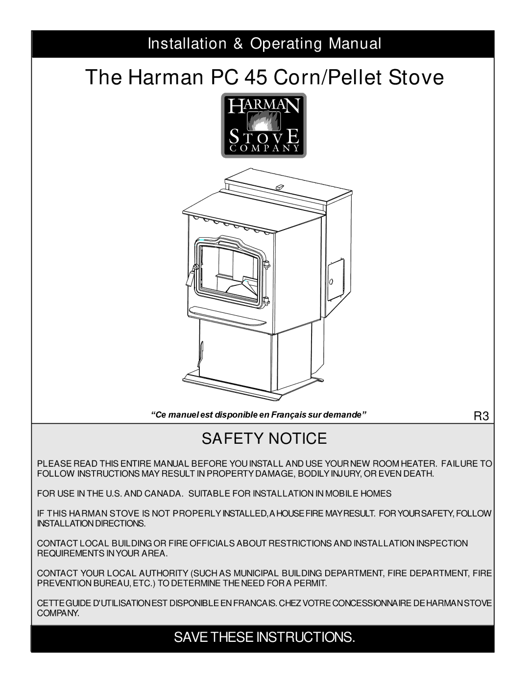 Harman Stove Company manual Harman PC 45 Corn/Pellet Stove, Installation & Operating Manual 