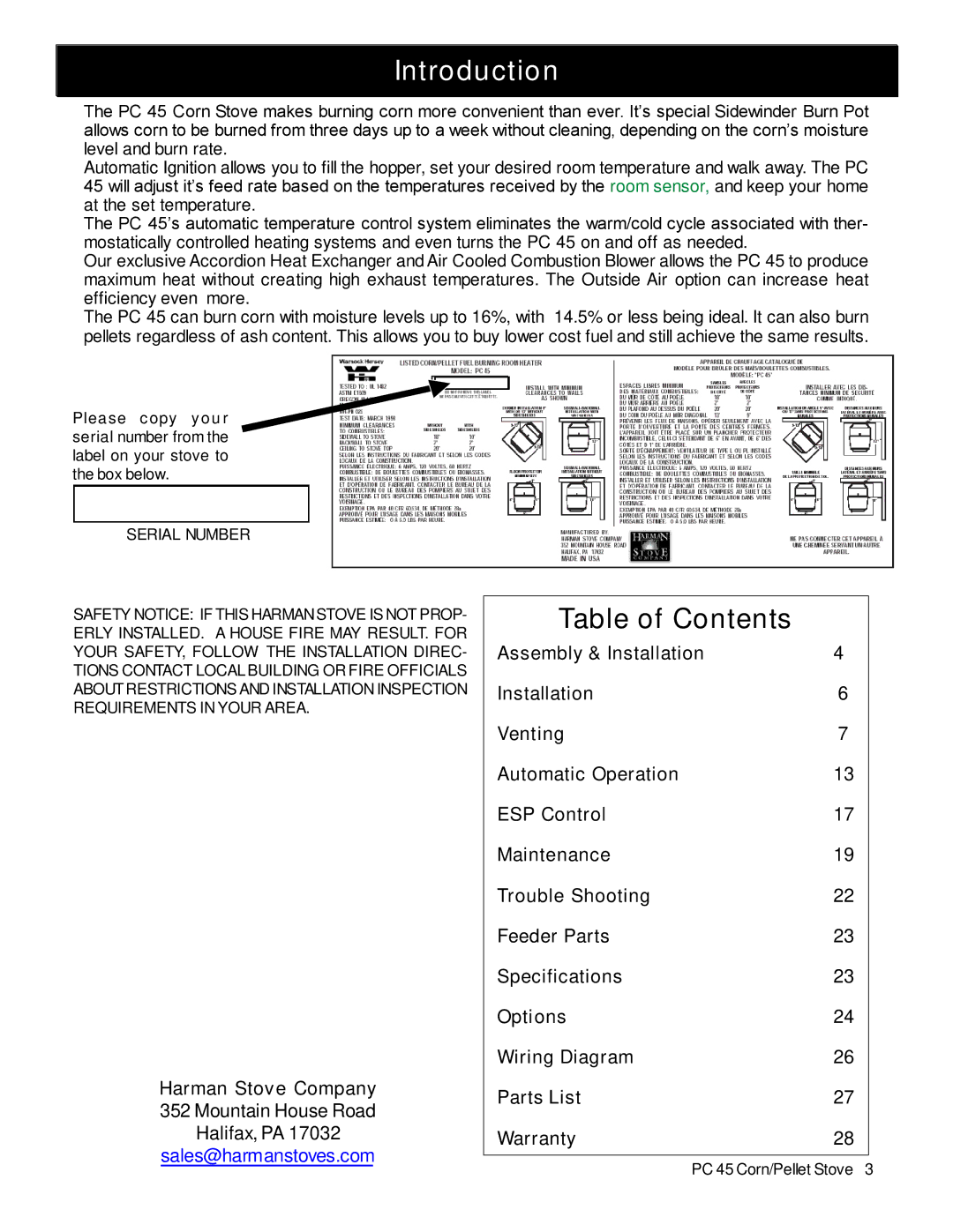 Harman Stove Company PC 45 manual Introduction, Table of Contents 